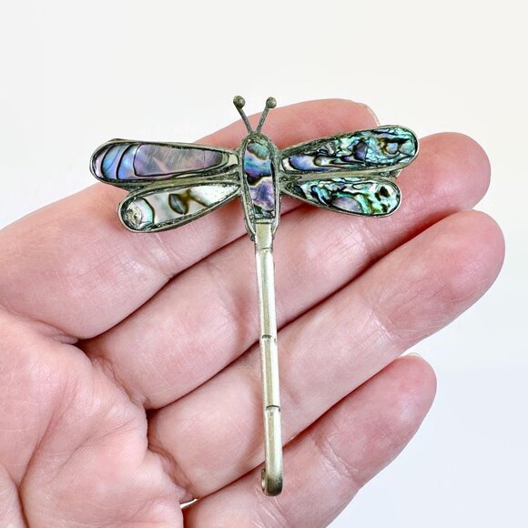 Jewelry - Dragonfly Brooch, Mexico, Alpaca Silver,  Abalone Shell, Vintage Pin, Dragonfly